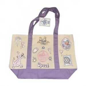 Trader Joe's Epcot Themed Canvas Tote Bag with Purple handles